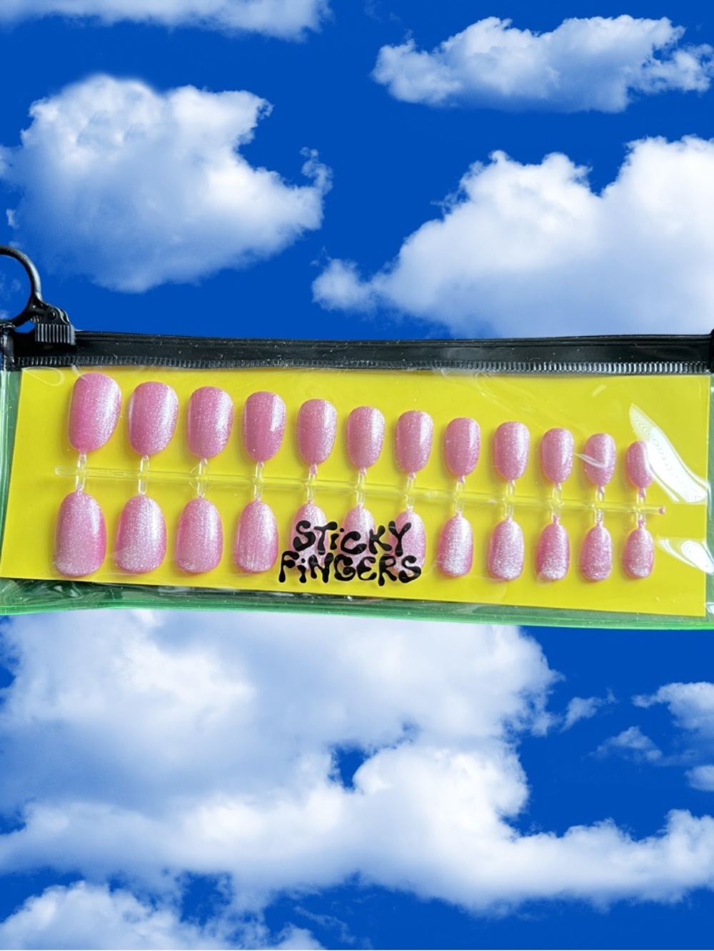 Sticky Fingers Pink Press-On Nail Set in Clear Zip Pouch Hand Painted